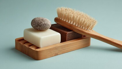Wooden soap dish with bars and brush