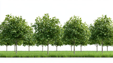 Obraz premium Lush green trees lined up in row, creating serene and natural landscape. vibrant foliage adds beauty to environment
