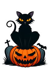 Spooky black cat perched on a grinning jack-o'-lantern makes an eerie, fun Halloween invitation or party decoration