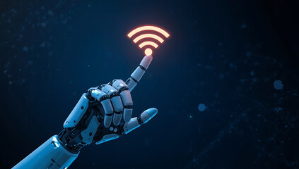 Robotic Hand Finger Touching Orange Wi Fi Symbol on Dark Digital Network Background pressing