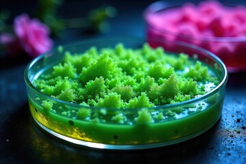 Thriving Green Algae Microscopic View of Bioluminescent Cellular Structures in Petri Dish