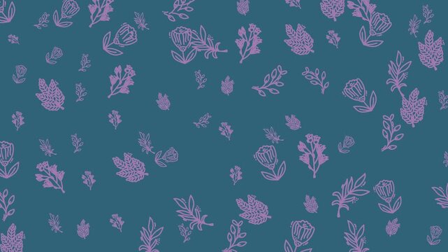 Seamless floral pattern with pink hand drawn flowers and leaves on a blue background, perfect for textile, wallpaper, and stationery design.
