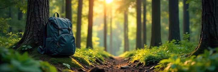 Backpack in Sun-Dappled Forest Awaiting Adventure. Peaceful Solitude, Wilderness Exploration, Journey, Calm Nature Scene.