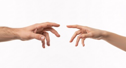 Concept of connection with a man and woman's hands reaching for each other in the style of The Creation of Adam, isolated on a white background.