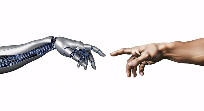 Artificial intelligence concept with a robot and human hand reaching to touch in the style of The Creation of Adam, symbolizing the future of technology.