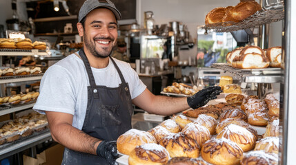 Smiling baker presenting freshly baked pastries in bakery shop, showcasing variety of delicious treats