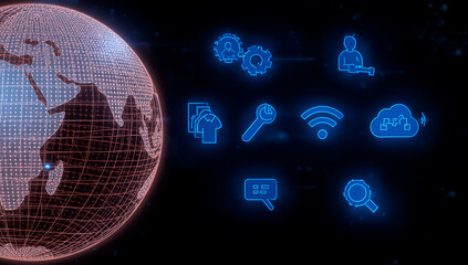 Wireframe digital globe with glowing red grid lines and a set of blue digital interface icons on black
