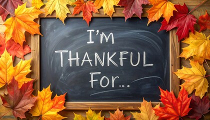 A chalkboard framed by colorful fall leaves displays the message, "I'm Thankful For..." Perfect for expressing gratitude
