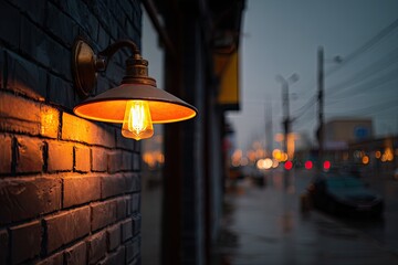 A warm-lit streetlamp at dusk