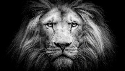Naklejka premium A close-up grayscale image of a majestic lion's face, intense stare, dark background