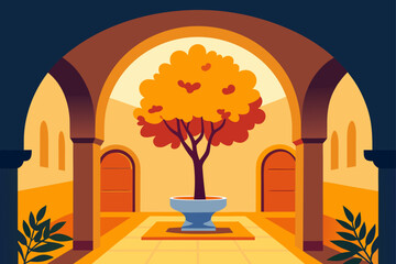 Courtyard with tree and arched doorways on transparent background