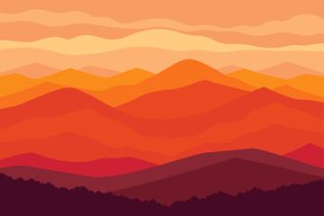 Orange layered mountains at sunset design on transparent background