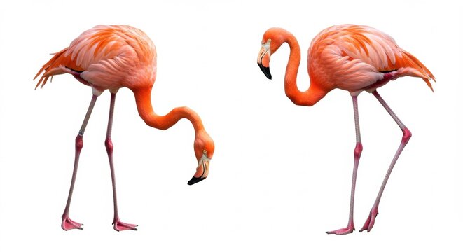Two Elegant Pink Flamingos Standing Isolated on White Background