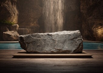 A large gray stone sits on a wooden platform, in a cave-like setting with a waterfall