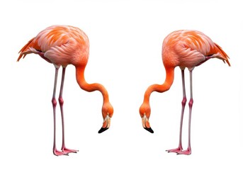 Obraz premium Two Elegant Pink Flamingos Standing Isolated on White Background