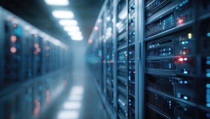 Server room interior, rows of server racks