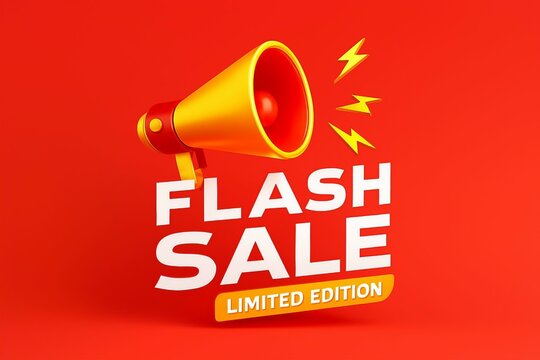 Golden megaphone announcing a flash sale with lightning bolts and limited edition text on red background