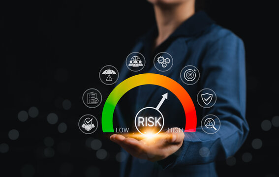 Risk assessment and management performance indicator gauge. Risk level gauge from low to high, performance evaluation, analysis, strategic planning and decision-making process for business continuity