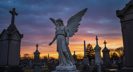 Stone angel statue stands in historic cemetery at sunset. Gravestones and crosses against dramatic sky. Concept of death, remembrance, and spirituality