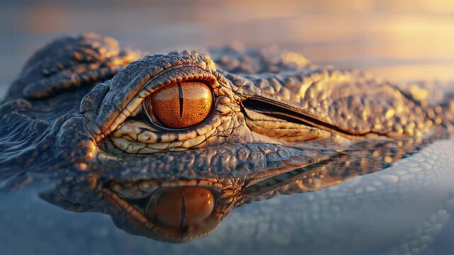 Intense alligator eye reflects golden sunset light, lurking in murky water, primeval predator 4k