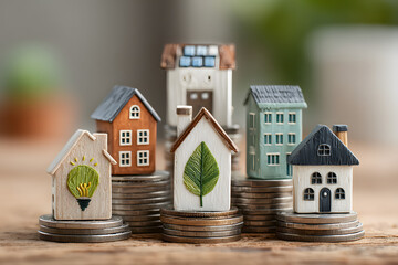 energy, efficiency, home, rating, insulation, audit, green, power, Miniature houses on stacked coins with energy icons represent rising home energy costs, financial planning, and efficiency.