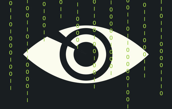 Digital code on background an eye. Concept social control population. Digital technologies. Symbol totalitarianism, dictatorship, machiavellianism. Authoritarian regime. Flat vector illustration.