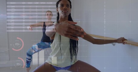 Performing barre squat fitness partners in bright studio room, with wooden barre and data overlays