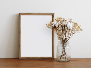 A simple wooden frame beside a glass jar filled with dried flowers, set against a neutral wall, creating a serene and minimalistic decor style.
