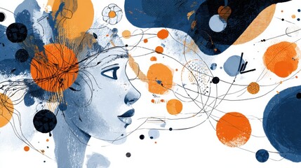 A stylized illustration of a woman's profile surrounded by colorful circles and abstract lines, representing creativity and thought.