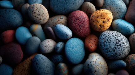 A close-up view of colorful stones with varied textures and shades, creating a visually striking and natural mosaic.