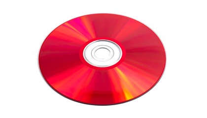 A close-up shot of a crimson-colored optical disc isolated on a stark white background, emphasizing its reflective surface and circular form