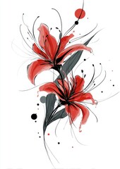 A vibrant illustration of two red lilies with elegant lines and abstract elements, creating a striking floral composition.