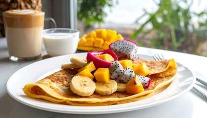 A close-up shot of a crepe filled with fresh tropical fruit and served with coffee and milk by a window