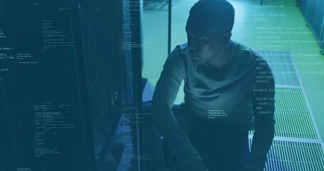 Crouching technician inspecting racks in server room, with blinking LEDs  and  code overlay, copy sp