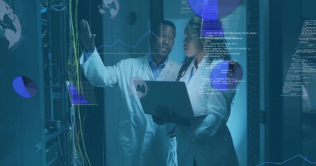 Gesturing IT professionals diagnosing network cables at data center, with laptop and data overlays