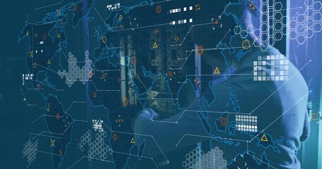 Inspecting IT technician adjusting cables in server room, with holographic map overlay, copy space