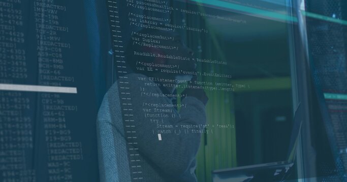 Studying code overlay on glass display panel, man wearing sweater in data center, with server racks - Powered by Adobe