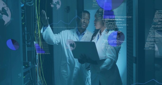 Gesturing IT professionals diagnosing network cables at data center, with laptop and data overlays