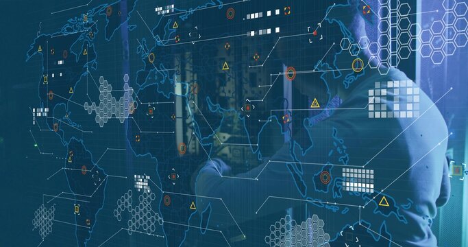 Inspecting IT technician adjusting cables in server room, with holographic map overlay, copy space - Powered by Adobe
