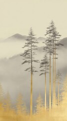 A serene landscape featuring tall trees against a misty backdrop, with subtle gold accents, creating an elegant and tranquil atmosphere.