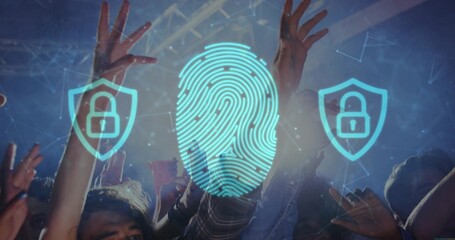Displaying turquoise digital fingerprint graphic at concert, with lock shields, truss, lights, haze