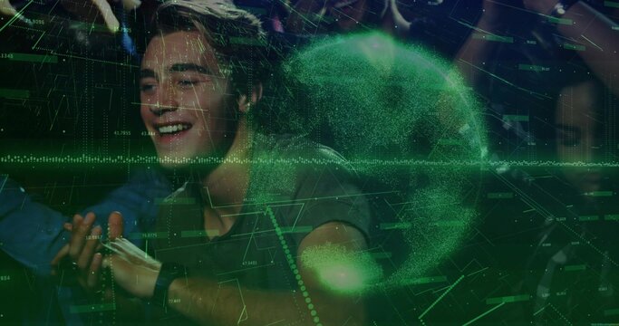 Smiling male concertgoer leaning at concert with green holographic overlays and floating sphere - Powered by Adobe