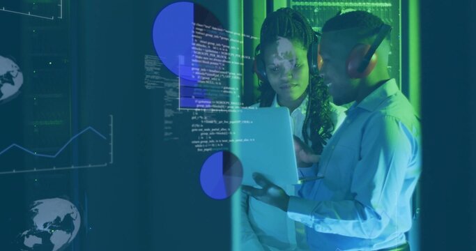 Collaborating IT professionals sharing code in server room with laptop, headset and data overlays