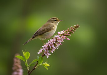 Obraz premium A small, delicate bird with brown and green plumage perches gracefully on a branch adorned with vibrant pink-purple flowers, set against a soft green background.