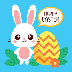 cartoon-style illustration for Easter. A white bunny with large, dark eyes stands next to a vibrant yellow Easter egg adorned with orange zigzags.