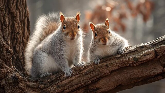 Two curious squirrels perched on a textured tree branch, looking towards the viewer. 4k