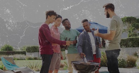 Grilling group of five friends turning meats on charcoal grill at poolside patio, with summer wear