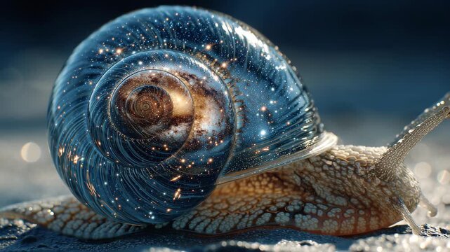 Snail with a galaxy shell slowly moving forward, symbolizing progress and wonder 4k