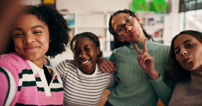 Happy, selfie and face of friends at high school for social media post, update and profile picture. Teenagers, students and portrait of girls with peace sign for education, learning and campus memory