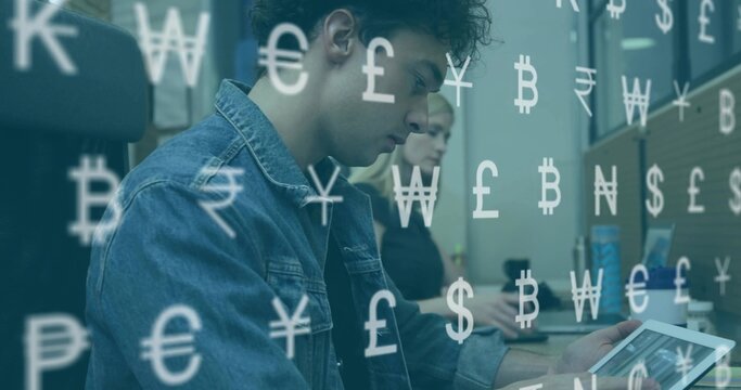 Using keyboard adult male holding tablet in office, with monitors, mug, can and currency overlays - Powered by Adobe